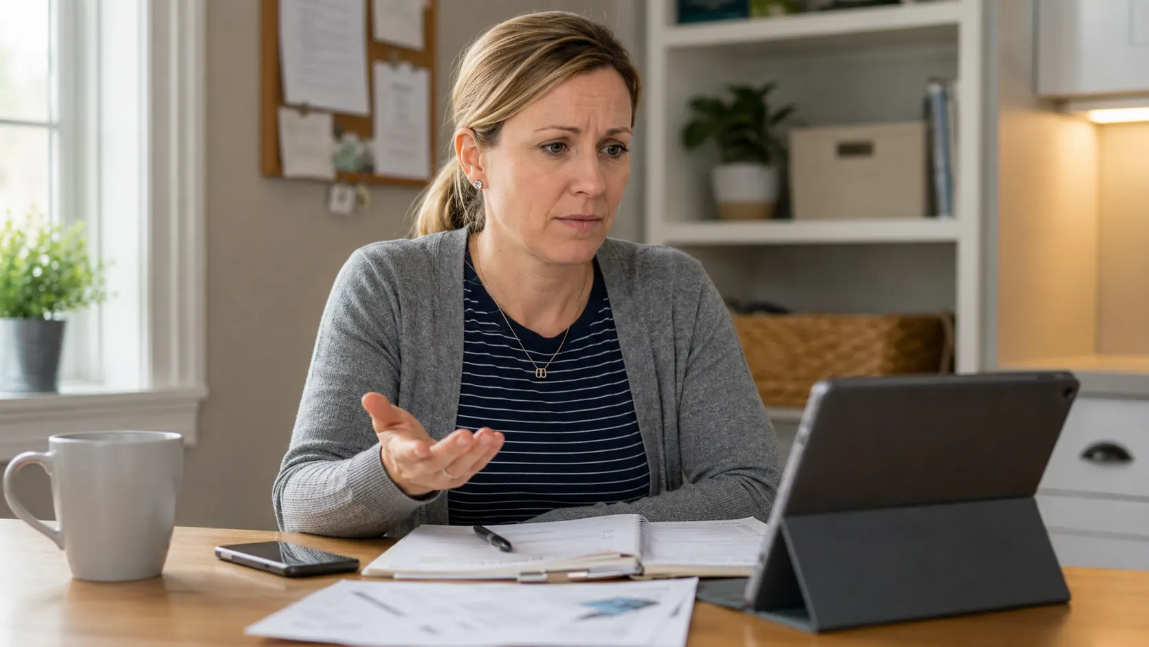 Katie at a table gesturing with an open hand and a concerned expression as she talks through a problem, a tablet propped in front of her