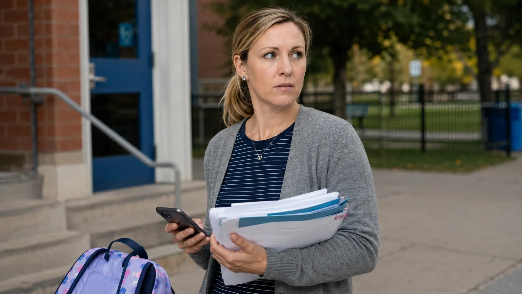 Katie hurrying outside a school building with her arms full of loose papers while holding her phone, a child's backpack at her side