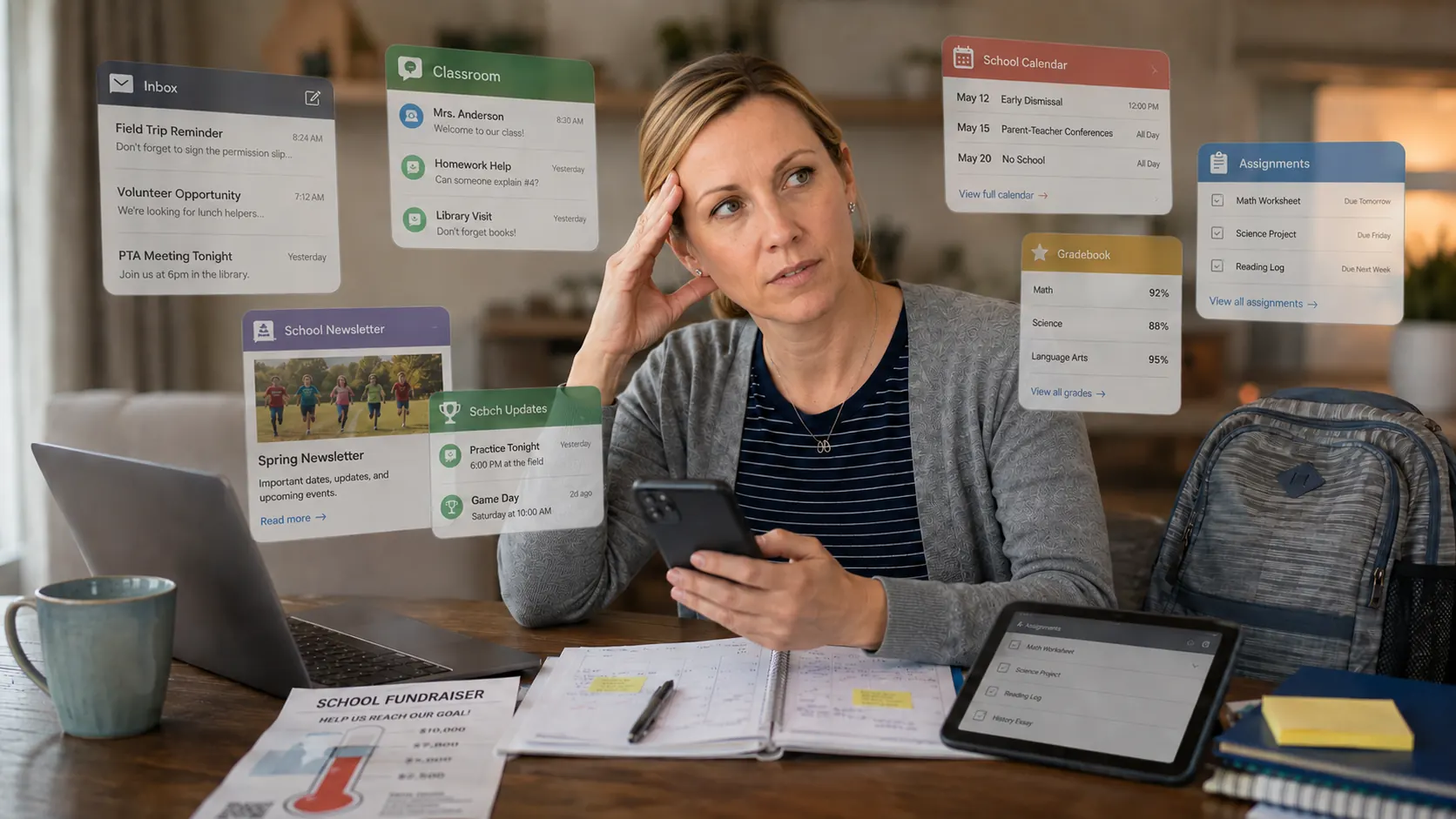 Katie surrounded by floating school-app alert cards, looking exasperated while holding her phone
